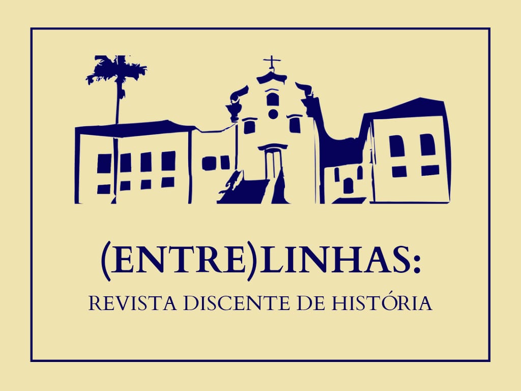 A imagem contei o prédio do ICHS em azul com um fundo amarelo. Está escrito: (entre)linhas. Revista discente de História. 